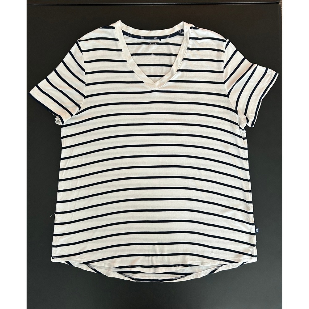 Gap Womens V-Neck Striped Short Sleeve T-Shirt Navy White Large 1390